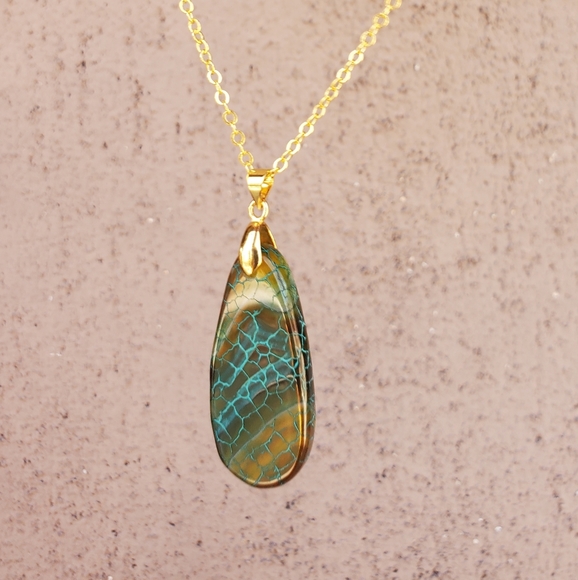 New Dragon Veins Agate Drop Gold Plated Necklace. - Picture 16 of 16